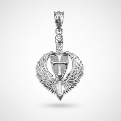 Sterling Silver Crusader Winged Sword and Shield Pendant Necklace Karma Blingz