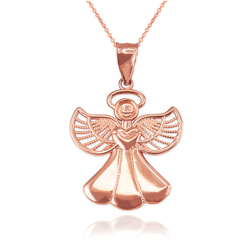 Gold Love Angel Filigree Pendant Necklace (10K, 14K, yellow, white, rose gold) Karma Blingz