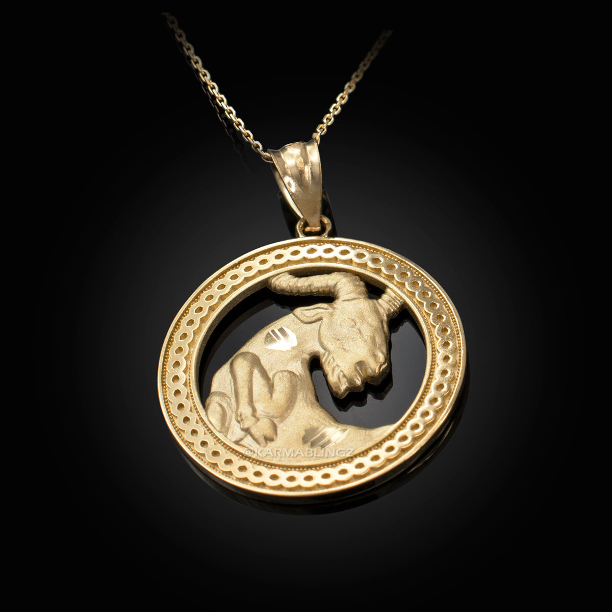 Gold Capricorn Zodiac Sign Medallion Pendant Necklace (yellow, white, rose, 10K, 14K) Karma Blingz