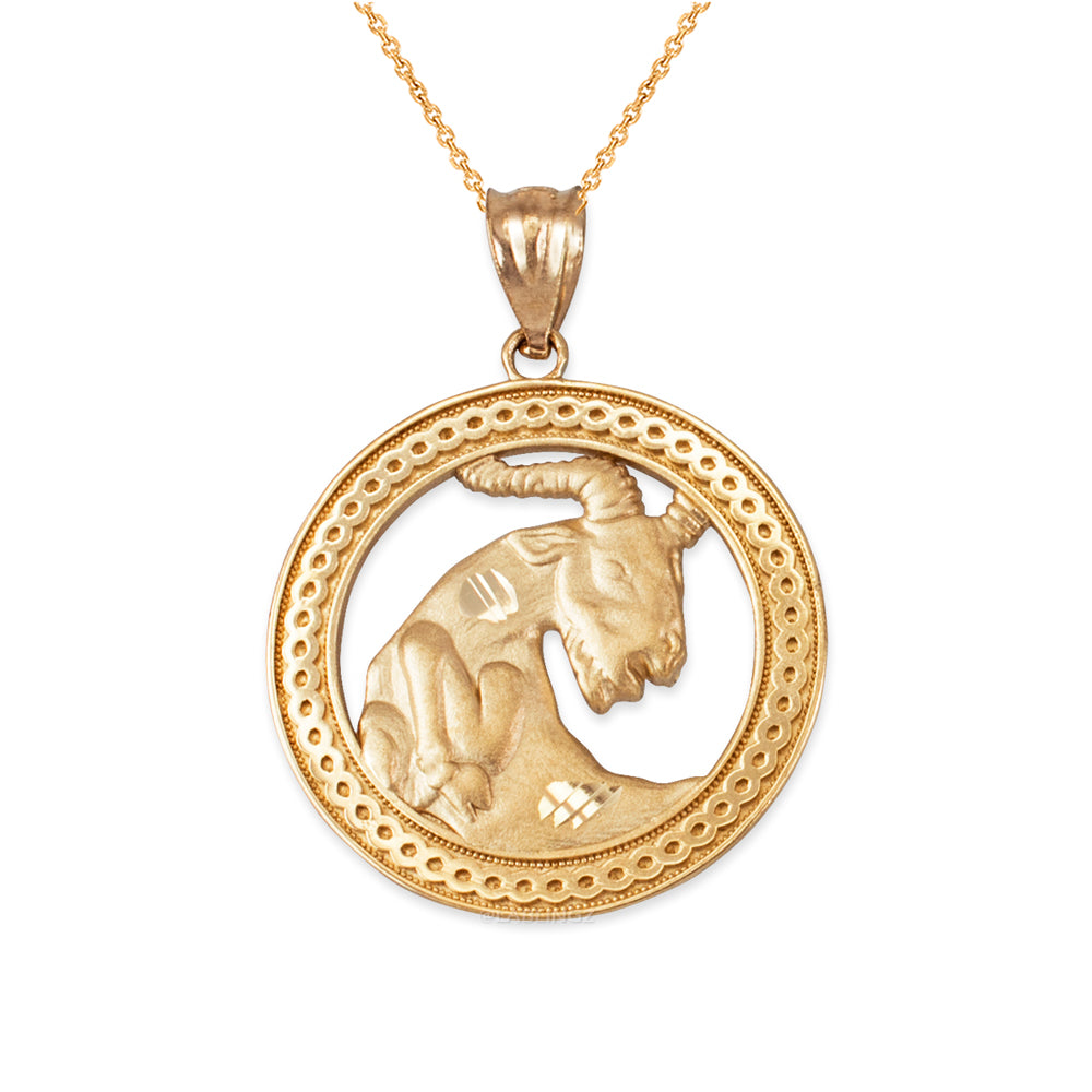 Gold Capricorn Zodiac Sign Medallion Pendant Necklace (yellow, white, rose, 10K, 14K) Karma Blingz