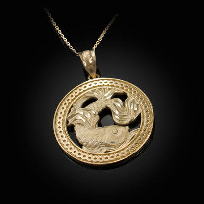 Gold Pisces Zodiac Sign Medallion Pendant Necklace (yellow, white, rose, 10K, 14K) Karma Blingz