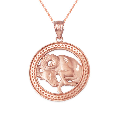 Gold Aries Zodiac Sign Medallion Pendant Necklace (yellow, white, rose, 10K, 14K) Karma Blingz