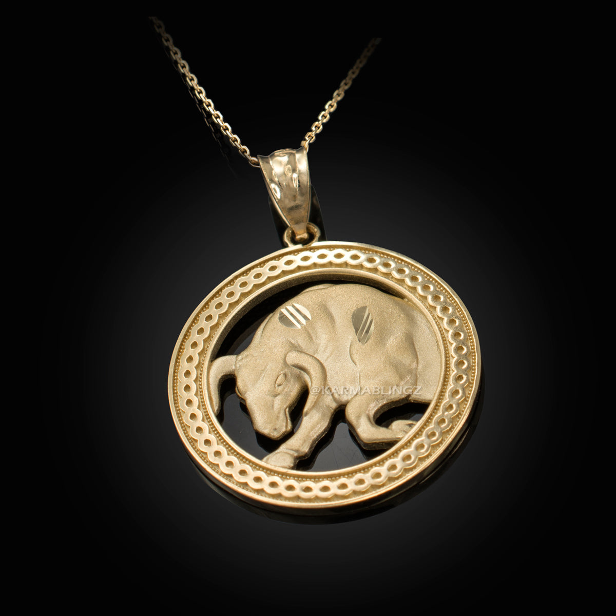 Gold Taurus Zodiac Sign Medallion Pendant Necklace (yellow, white, rose, 10K, 14K) Karma Blingz