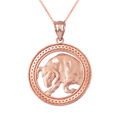Gold Taurus Zodiac Sign Medallion Pendant Necklace (yellow, white, rose, 10K, 14K) Karma Blingz