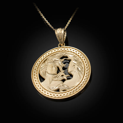 Gold Gemini Zodiac Sign Medallion Pendant Necklace (yellow, white, rose, 10K, 14K) Karma Blingz