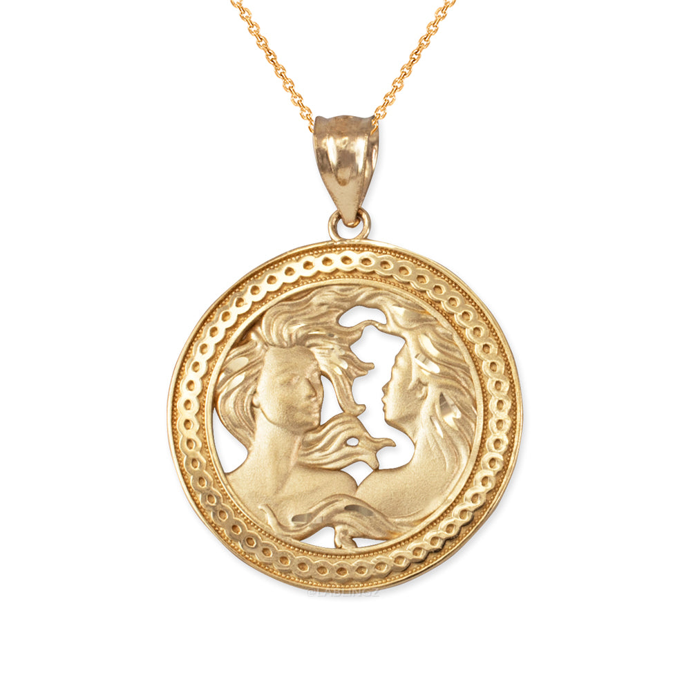 Gold Gemini Zodiac Sign Medallion Pendant Necklace (yellow, white, rose, 10K, 14K) Karma Blingz