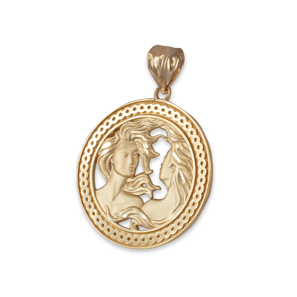 Gold Gemini Zodiac Sign Medallion Pendant Necklace (yellow, white, rose, 10K, 14K) Karma Blingz