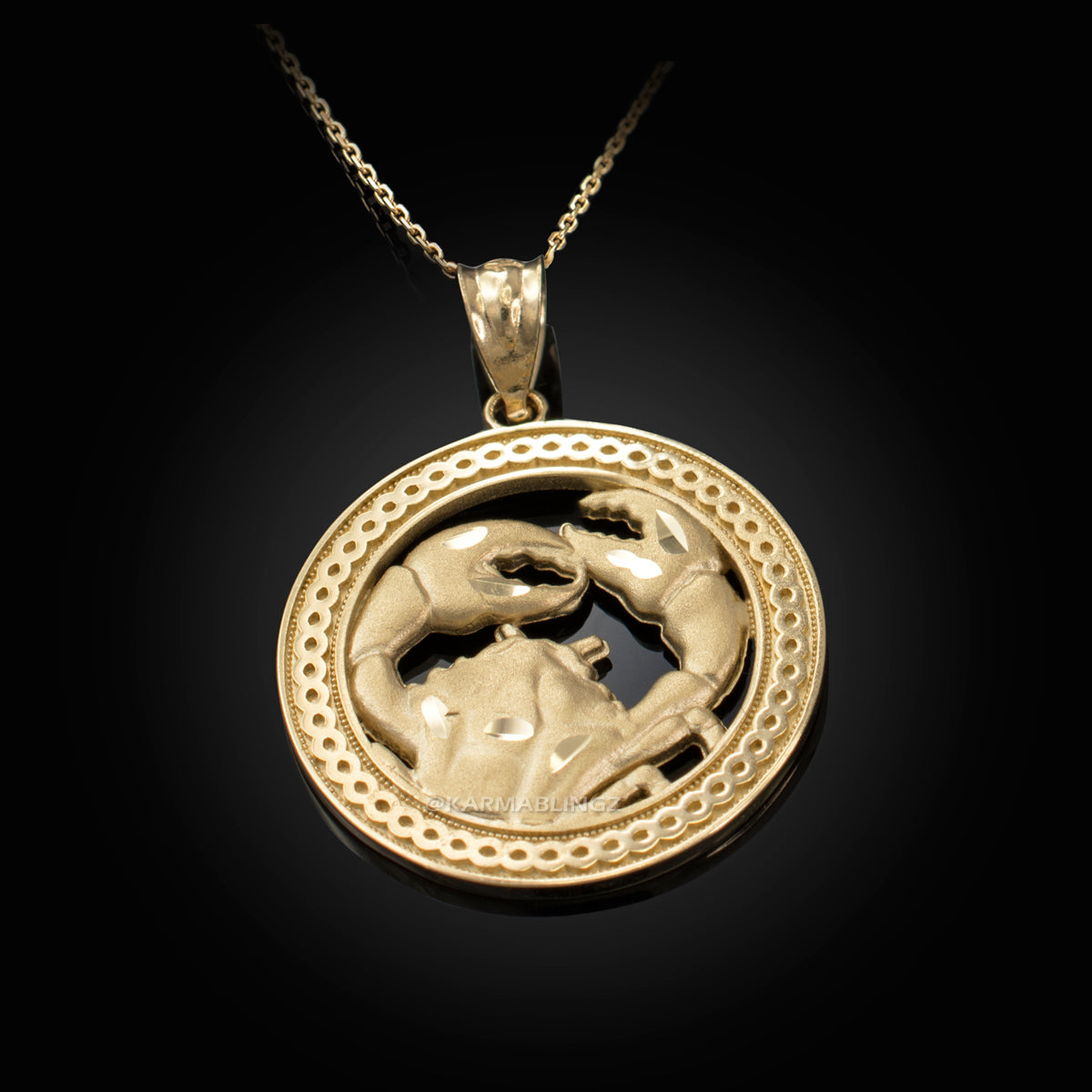 Gold Cancer Zodiac Sign Medallion Pendant Necklace (yellow, white, rose, 10K, 14K) Karma Blingz