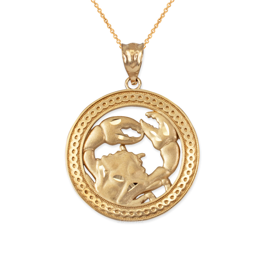 Gold Cancer Zodiac Sign Medallion Pendant Necklace (yellow, white, rose, 10K, 14K) Karma Blingz