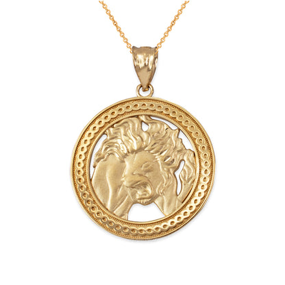 Gold Leo Zodiac Sign Medallion Pendant Necklace (yellow, white, rose, 10K, 14K) Karma Blingz
