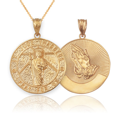 Gold Saint Jude Medal Pendant Necklace (yellow, white, rose, 2-tone, 10k, 14k) Karma Blingz