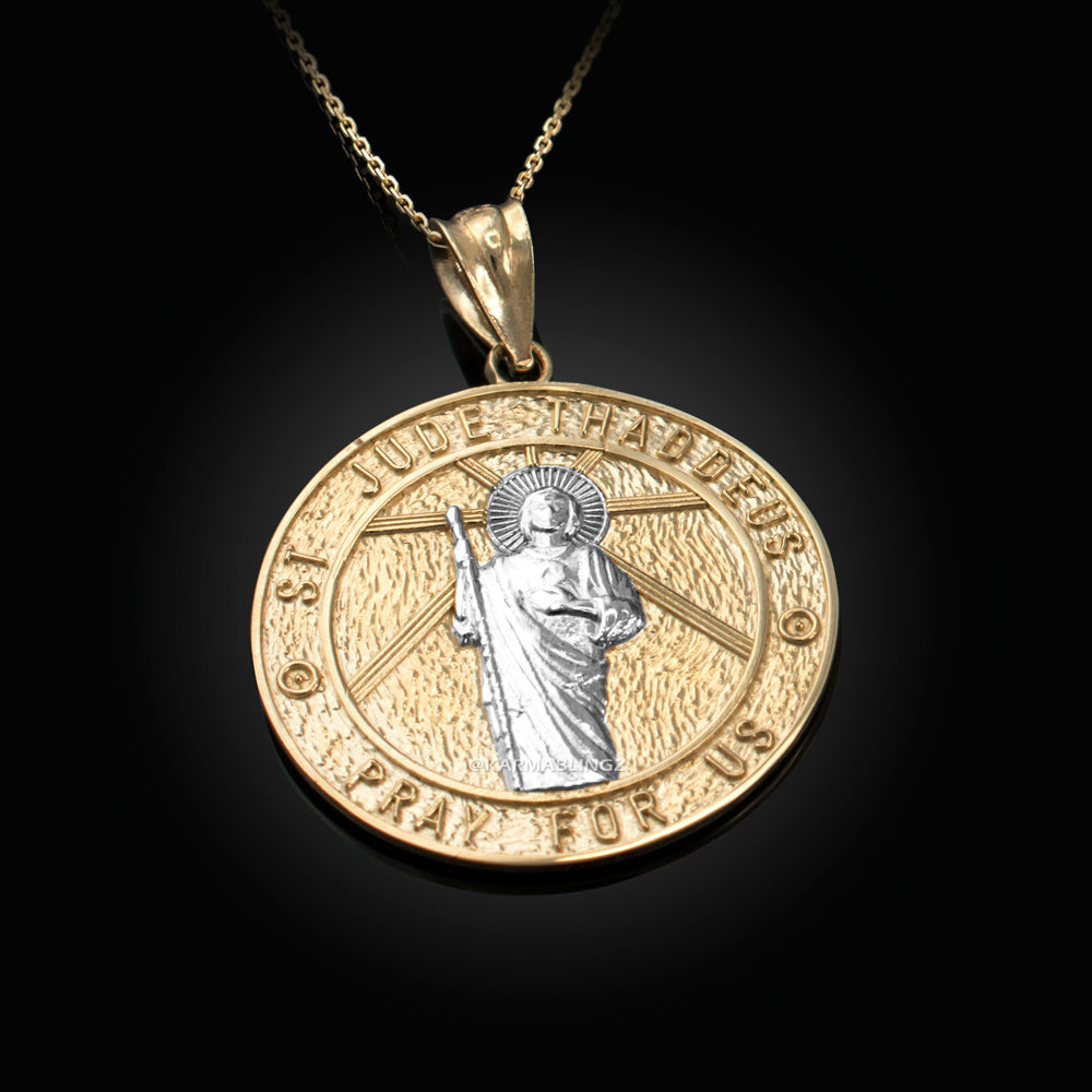 Gold Saint Jude Medal Pendant Necklace (yellow, white, rose, 2-tone, 10k, 14k) Karma Blingz