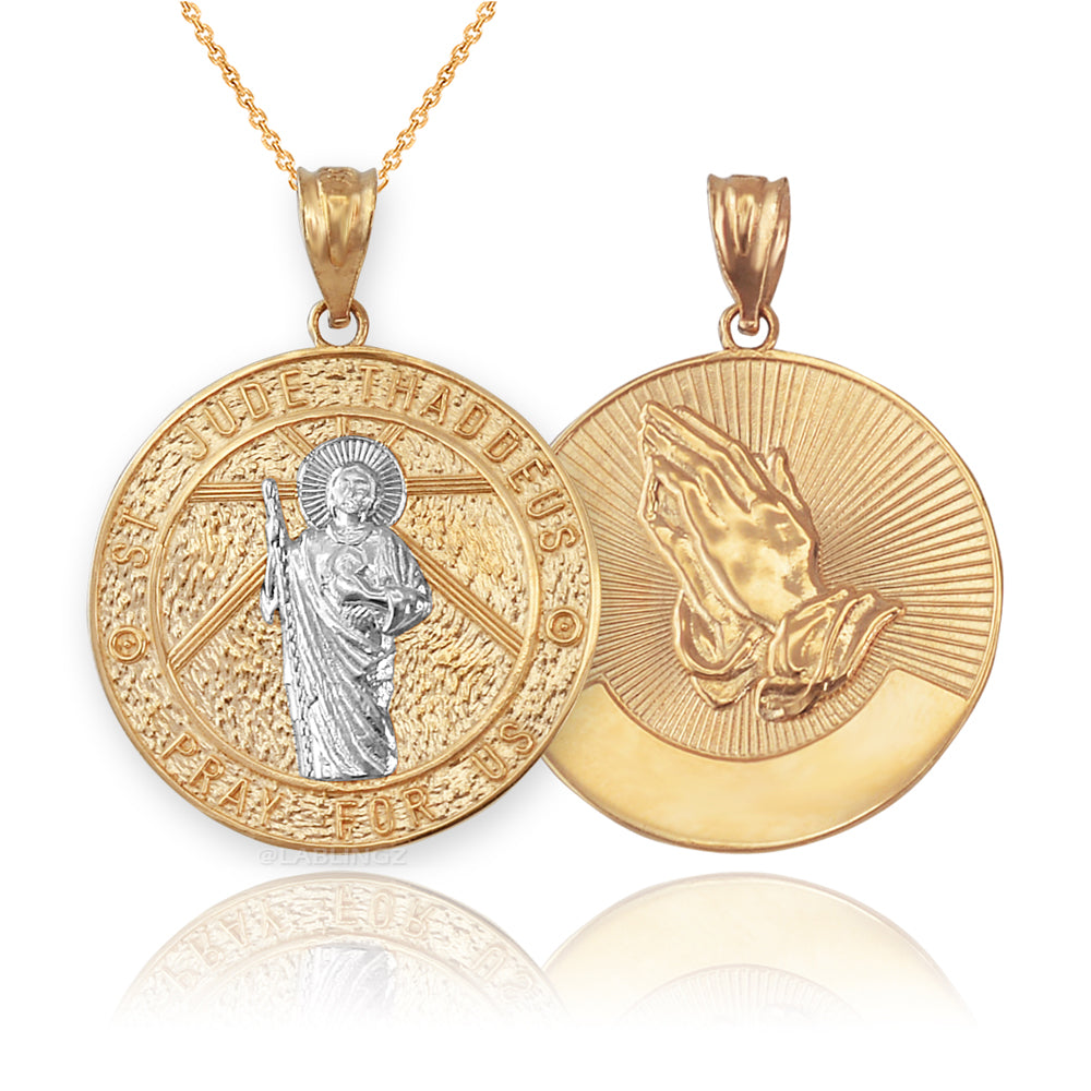 Gold Saint Jude Medal Pendant Necklace (yellow, white, rose, 2-tone, 10k, 14k) Karma Blingz