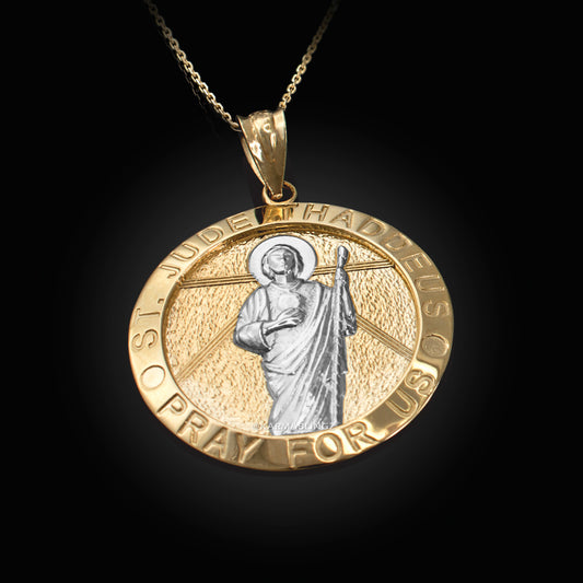 Gold St. Jude Thaddeus Medal Pendant Necklace (yellow, white, rose, 2-tone, 10k, 14k) Karma Blingz