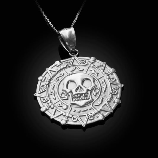 Sterling Silver Aztec Coin Pirates of The Caribbean Skull Medallion Pendant Necklace Karma Blingz