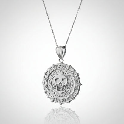 Sterling Silver Aztec Coin Pirates of The Caribbean Skull Medallion Pendant Necklace Karma Blingz