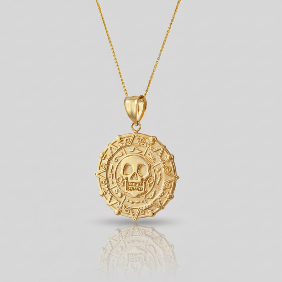 Gold Aztec Coin Pirates of The Caribbean Skull Medallion Pendant Necklace (yellow, white, rose) Karma Blingz