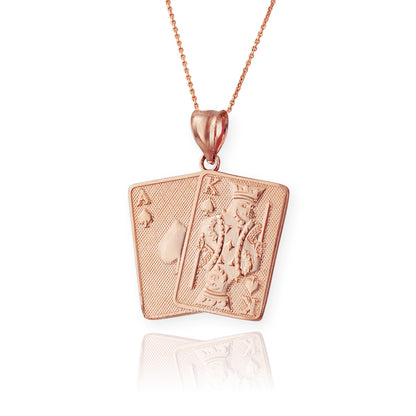 Gold Ace and King of Spades Playing Cards Pendant Necklace (yellow, white, rose, 2-tone, 10k, 14k) Karma Blingz