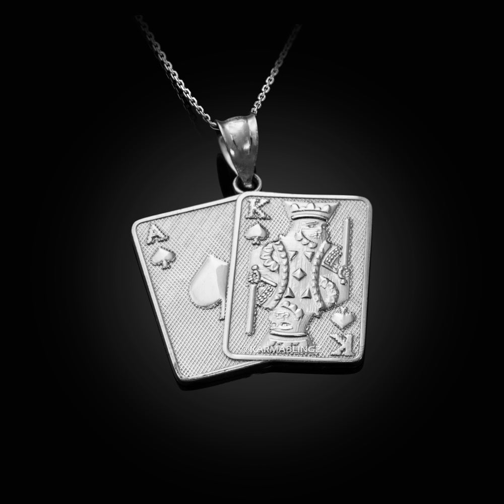 Gold Ace and King of Spades Playing Cards Pendant Necklace (yellow, white, rose, 2-tone, 10k, 14k) Karma Blingz