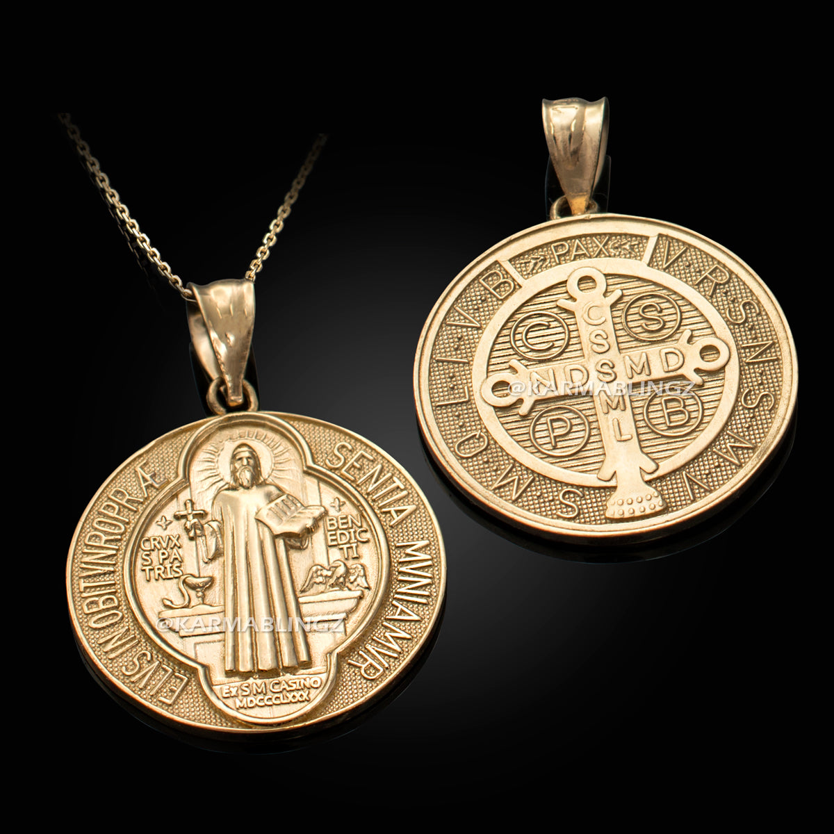 Gold St. Benedict Reversible Medal Cross Pendant Necklace (yellow, white, 2-tone, rose gold, 10k, 14k,) Karma Blingz