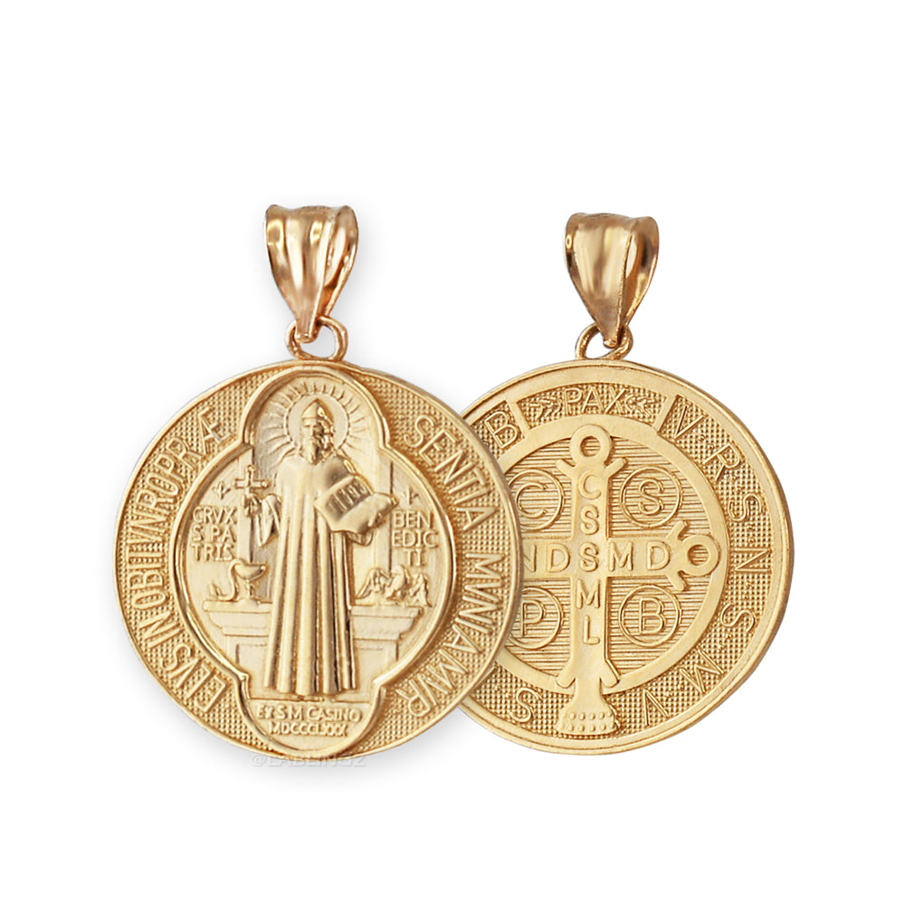 Gold St. Benedict Reversible Medal Cross Pendant Necklace (yellow, white, 2-tone, rose gold, 10k, 14k,) Karma Blingz
