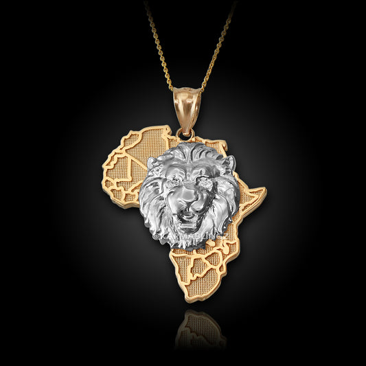 Gold African Lion Pendant Necklace (yellow, white, rose, 2-tone gold, 10K, 14K) Karma Blingz