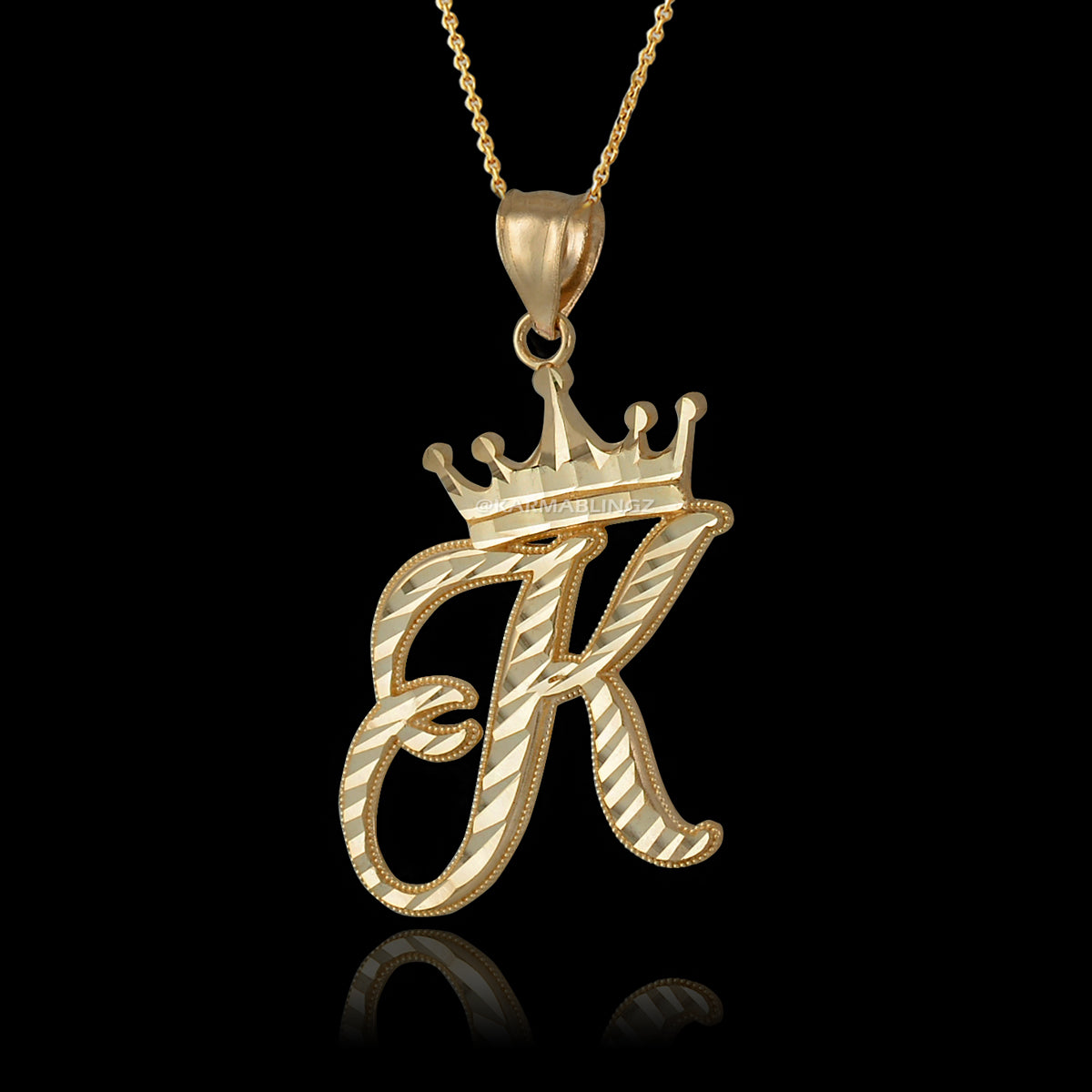 Gold Alphabet Cursive Letter 'K' Initial DC Pendant Necklace (yellow, white, rose, 10K, 14K) Karma Blingz