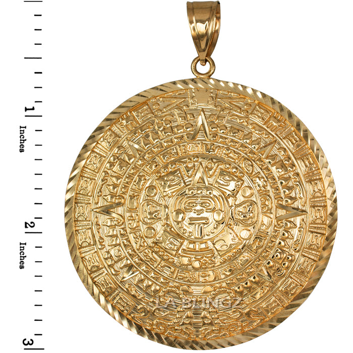 Gold Aztec Mayan Sun Calendar Extra Large Pendant (XL/XXL) (yellow, white, rose gold) Karma Blingz