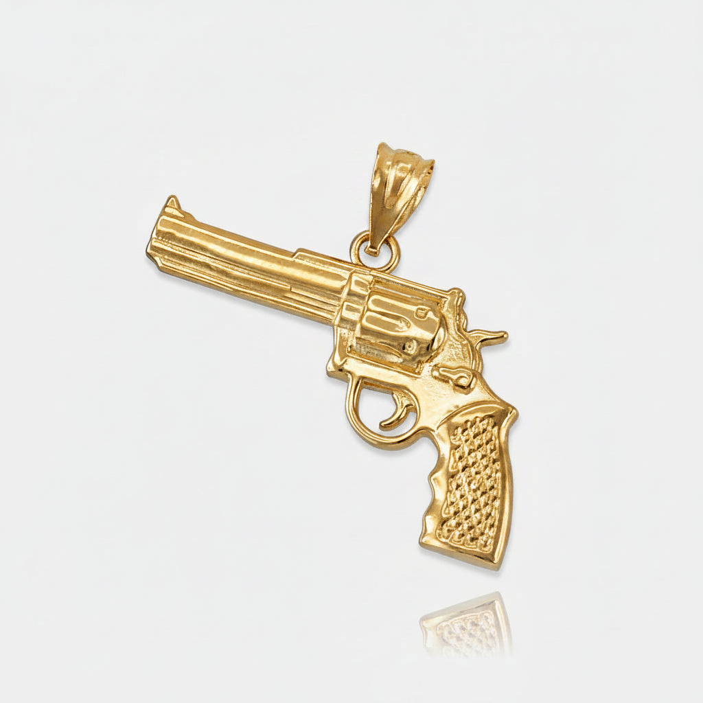 Gold Revolver Gun Pendant Necklace (10k, 14k, yellow, white, rose gold) Karma Blingz