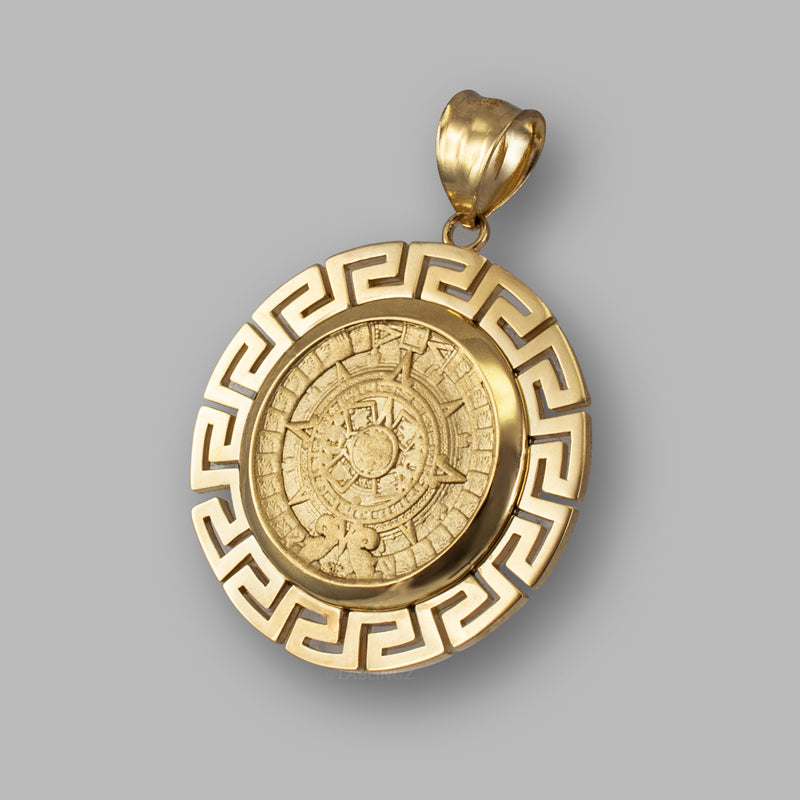 Gold Aztec Bezel Mayan Sun Calendar Pendant (yellow, white, rose gold, 14k, 10k) Karma Blingz