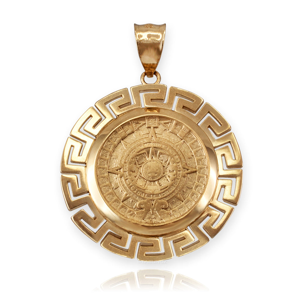 Gold Aztec Bezel Mayan Sun Calendar Pendant (yellow, white, rose gold, 14k, 10k) Karma Blingz