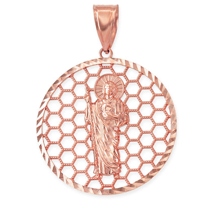 Gold Saint Jude Round Honeycomb DC Pendant (yellow, white, rose, 2-tone, 10k, 14k) Karma Blingz