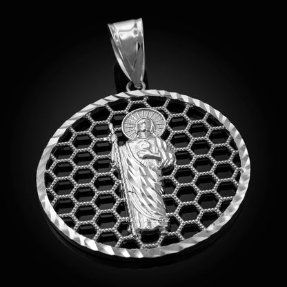 Gold Saint Jude Round Honeycomb DC Pendant (yellow, white, rose, 2-tone, 10k, 14k) Karma Blingz
