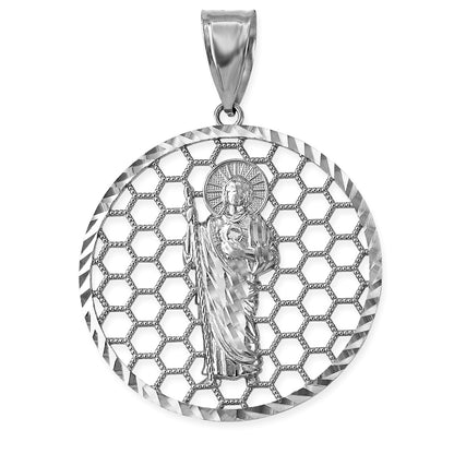 Gold Saint Jude Round Honeycomb DC Pendant (yellow, white, rose, 2-tone, 10k, 14k) Karma Blingz