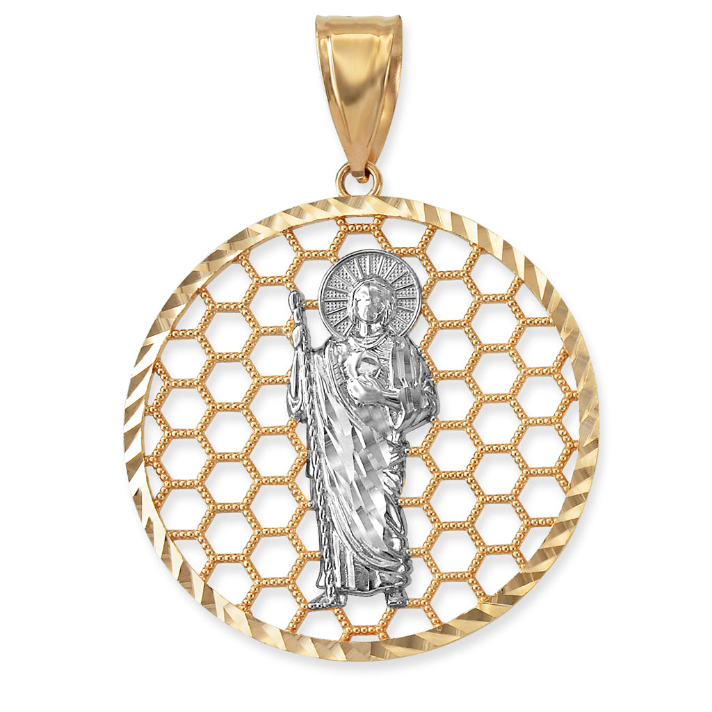 Gold Saint Jude Round Honeycomb DC Pendant (yellow, white, rose, 2-tone, 10k, 14k) Karma Blingz