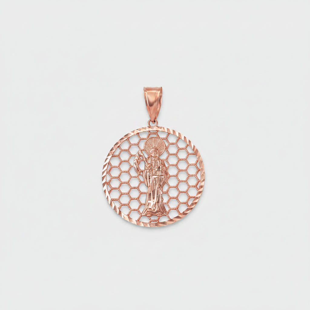 Gold Santa Muerte Round Honeycomb DC Pendant (yellow, white, rose, 2-tone, 10k, 14k) Karma Blingz