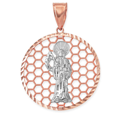 Gold Santa Muerte Round Honeycomb DC Pendant (yellow, white, rose, 2-tone, 10k, 14k) Karma Blingz