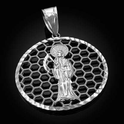 Gold Santa Muerte Round Honeycomb DC Pendant (yellow, white, rose, 2-tone, 10k, 14k) Karma Blingz