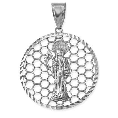Gold Santa Muerte Round Honeycomb DC Pendant (yellow, white, rose, 2-tone, 10k, 14k) Karma Blingz