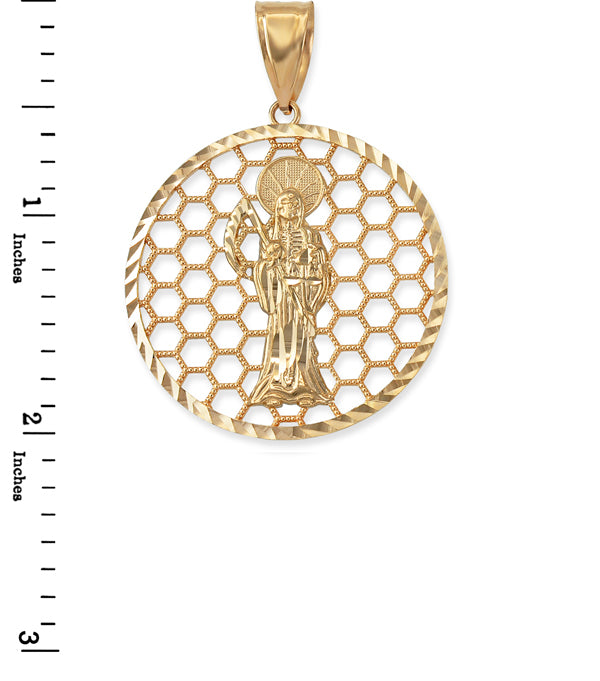 Gold Santa Muerte Round Honeycomb DC Pendant (yellow, white, rose, 2-tone, 10k, 14k) Karma Blingz
