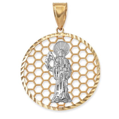 Gold Santa Muerte Round Honeycomb DC Pendant (yellow, white, rose, 2-tone, 10k, 14k) Karma Blingz