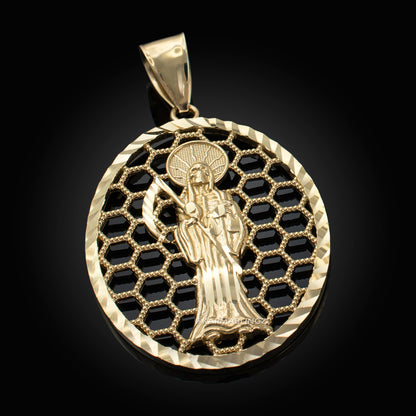 Gold Santa Muerte Oval Honeycomb DC Pendant (yellow, white, rose, 2-tone, 10k, 14k) Karma Blingz