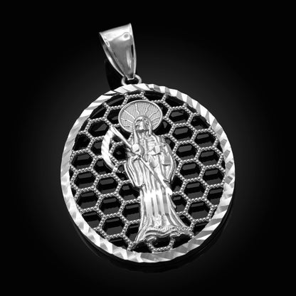 Gold Santa Muerte Oval Honeycomb DC Pendant (yellow, white, rose, 2-tone, 10k, 14k) Karma Blingz