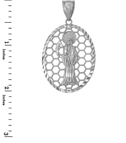 Gold Santa Muerte Oval Honeycomb DC Pendant (yellow, white, rose, 2-tone, 10k, 14k) Karma Blingz
