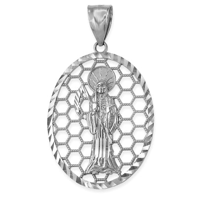 Gold Santa Muerte Oval Honeycomb DC Pendant (yellow, white, rose, 2-tone, 10k, 14k) Karma Blingz