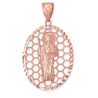 Gold Saint Jude Oval Honeycomb DC Pendant (yellow, white, rose, 2-tone, 10k, 14k) Karma Blingz