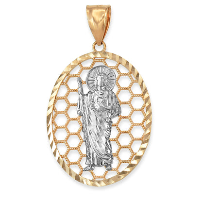 Gold Saint Jude Oval Honeycomb DC Pendant (yellow, white, rose, 2-tone, 10k, 14k) Karma Blingz