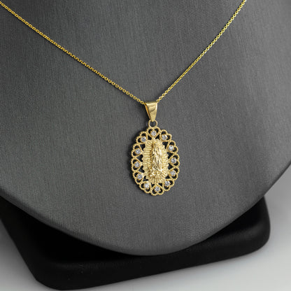 Gold Virgin Mary Our Lady of Guadalupe Filigree CZ Pendant Necklace Karma Blingz