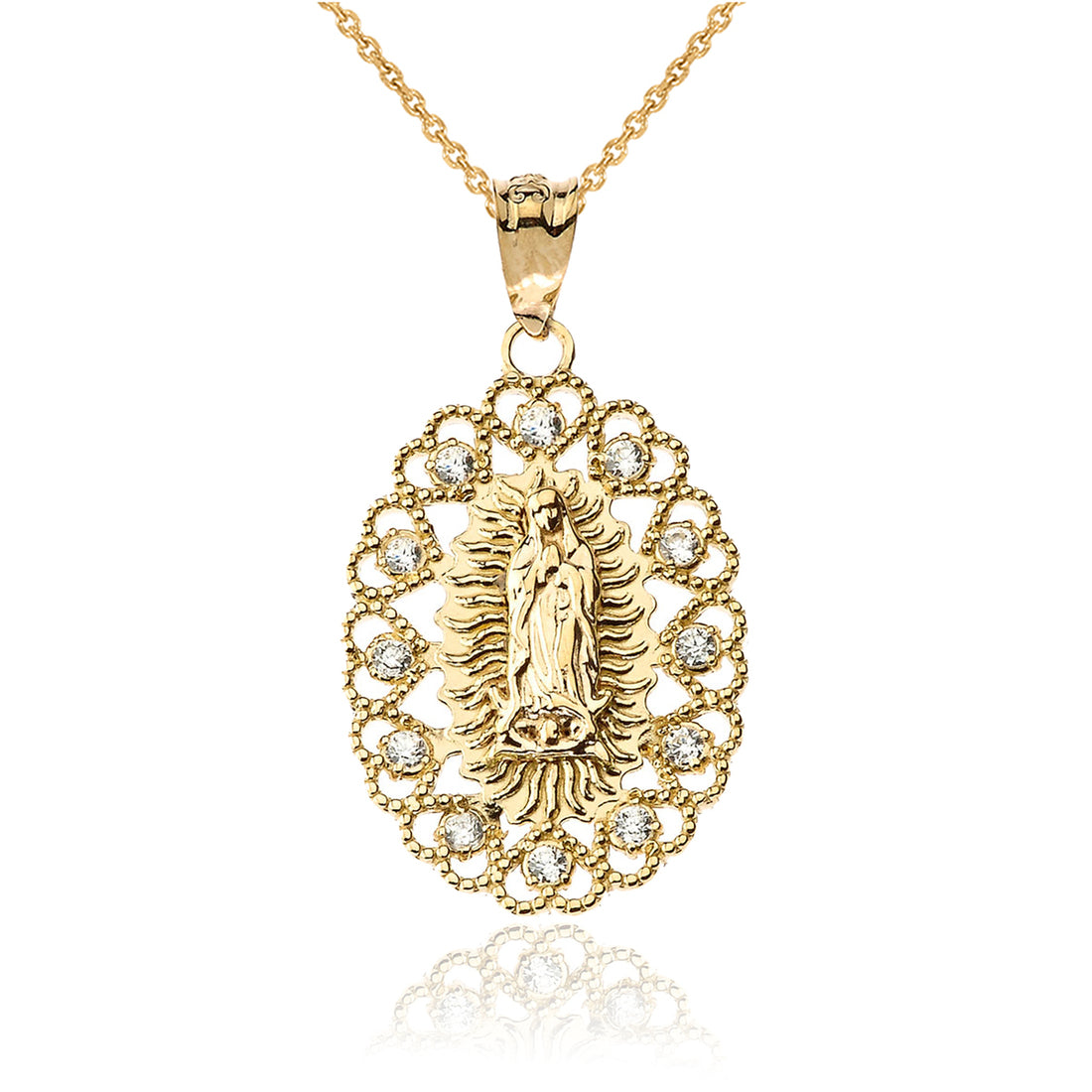 Gold Virgin Mary Our Lady of Guadalupe Filigree CZ Pendant Necklace Karma Blingz