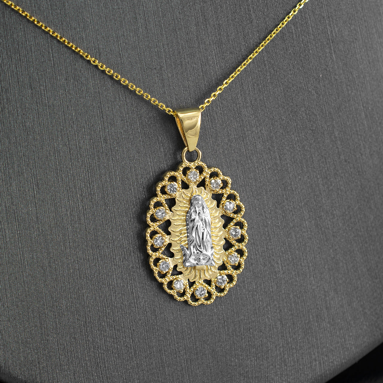 Gold Virgin Mary Our Lady of Guadalupe Filigree CZ Pendant Necklace Karma Blingz